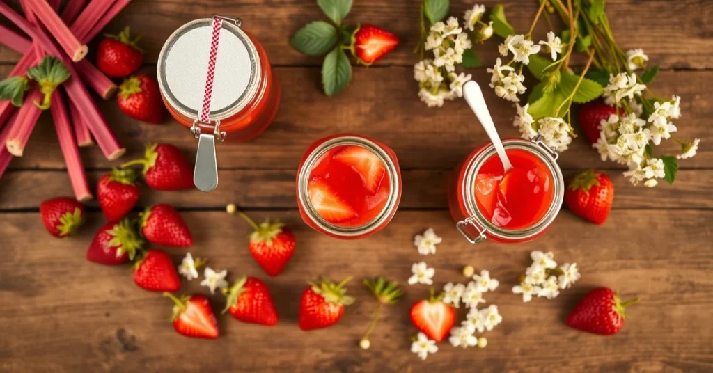 overhead landscape flat lay of strawberry rhubarb elderflower jam jars on rustic wooden table, fresh strawberries, rhubarb st