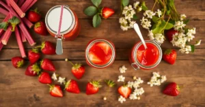 overhead landscape flat lay of strawberry rhubarb elderflower jam jars on rustic wooden table, fresh strawberries, rhubarb st