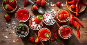 Overhead landscape food photo of seven creative strawberry jam varieties in rustic jars with fresh strawberries, chocolate, c