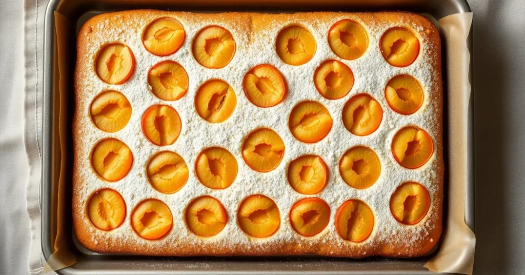 Overhead landscape food photography of apricot sheet cake on a large baking tray, multiple apricot halves arranged in rows on