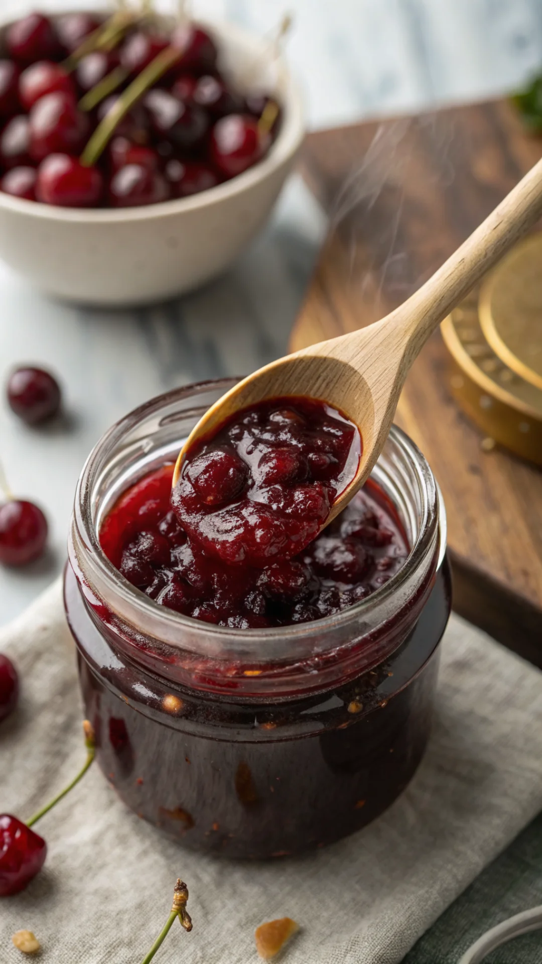 Overhead macro shot of rich burgundy cherry jam in glass jar, bubbling hot jam dripping from wooden spoon, vintage jar, artis