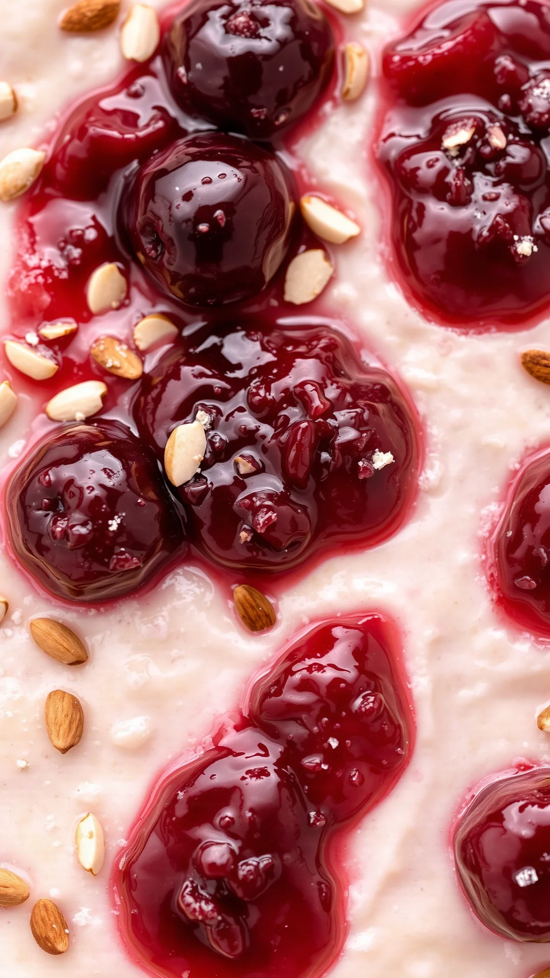 Overhead shot of cherry jam with kirschwasser and ground almonds, creamy texture with scattered almonds, gourmet presentation