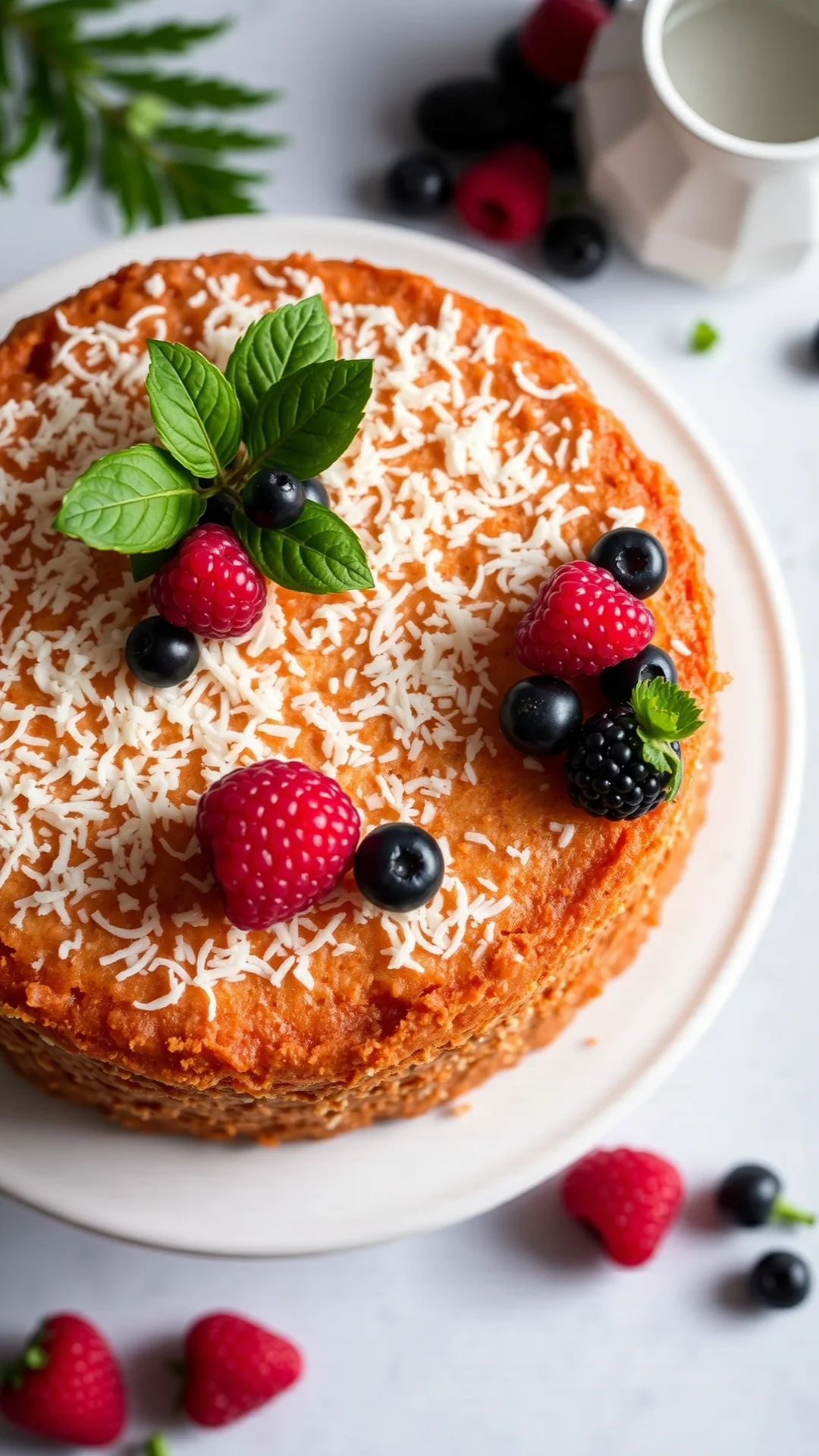 Overhead shot of coconut black currant cake with moist crumb, tropical aesthetic, garnished with fresh berries, soft studio l