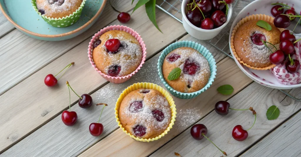 Overhead shot of freshly baked cherry muffins and cupcakes in colorful liners, garnished with powdered sugar and fresh cherri