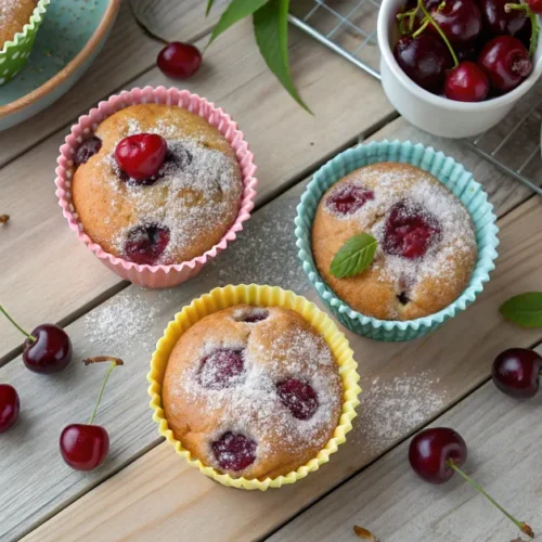 Overhead shot of freshly baked cherry muffins and cupcakes in colorful liners, garnished with powdered sugar and fresh cherri