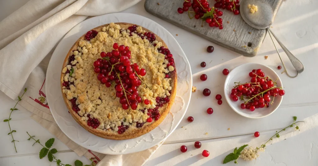Overhead shot of homemade Johannisbeer streusel cake on a white plate with fresh red currants and golden crumbly topping, war