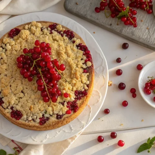 Overhead shot of homemade Johannisbeer streusel cake on a white plate with fresh red currants and golden crumbly topping, war