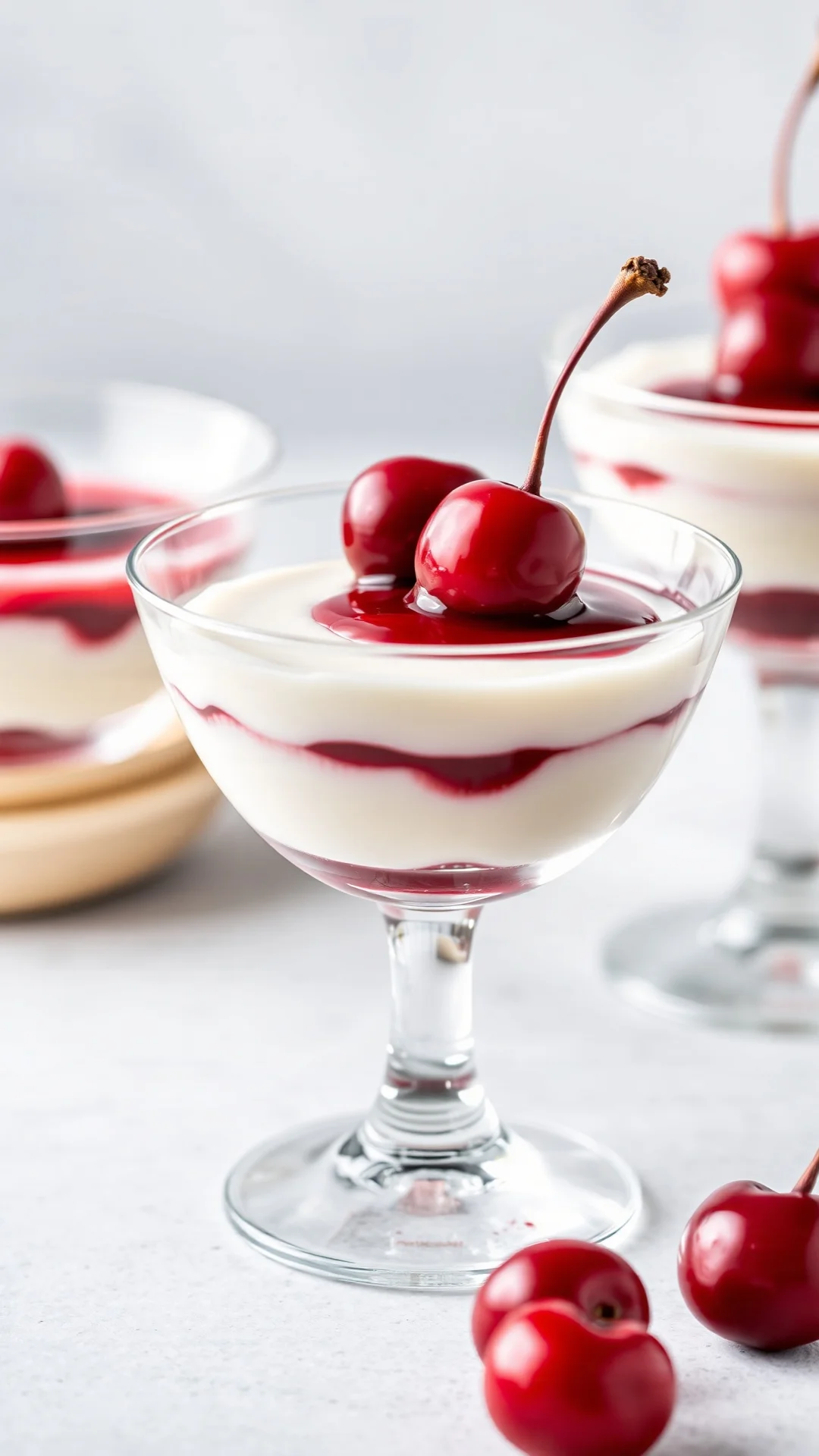 Panna cotta with cherry layer, elegant glass, creamy white top, deep red cherry puree, garnished with whole cherry, portrait,