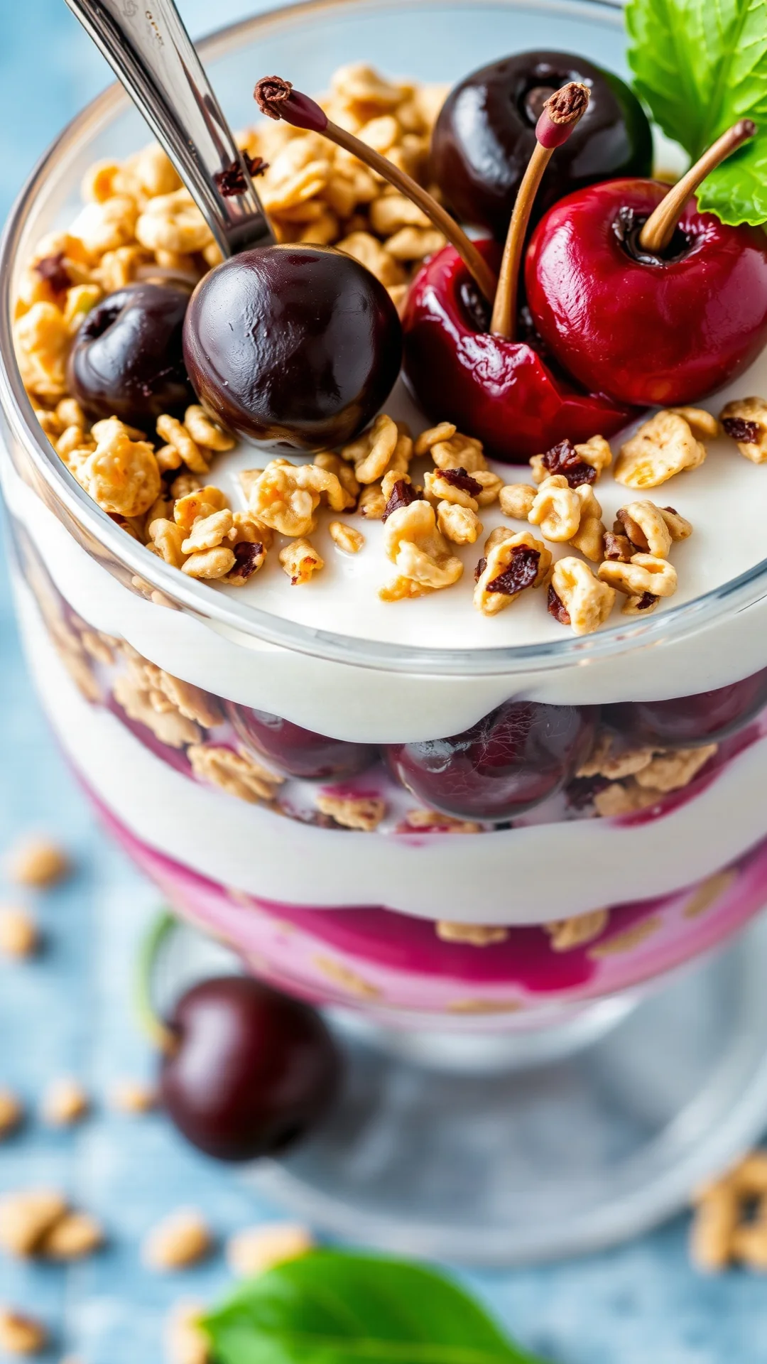 Parfait glass with yogurt, granola, cherries, nuts in layers, fresh and healthy dessert, overhead angle, vibrant colors, prof