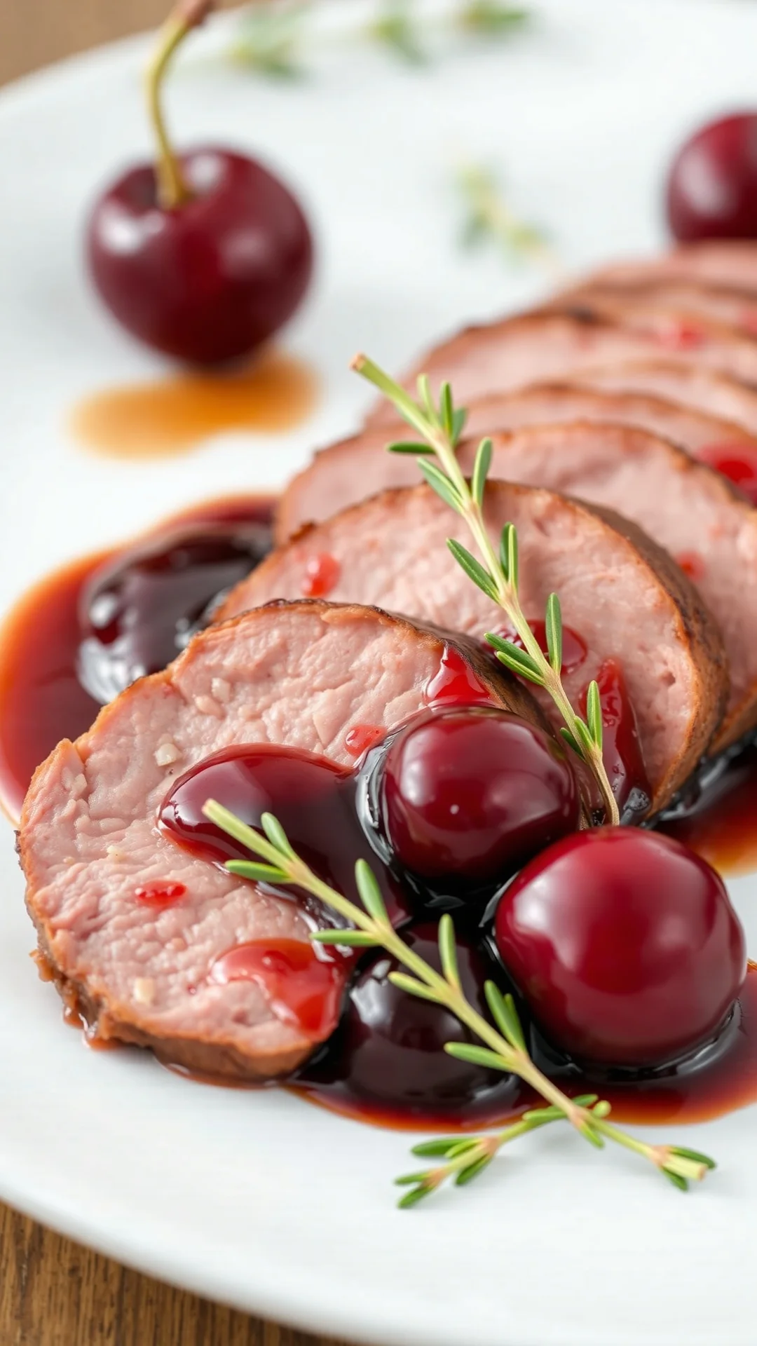 Perfectly sliced medium-rare duck breast with cherry glaze and red wine reduction sauce, fresh cherries, garnished with thyme