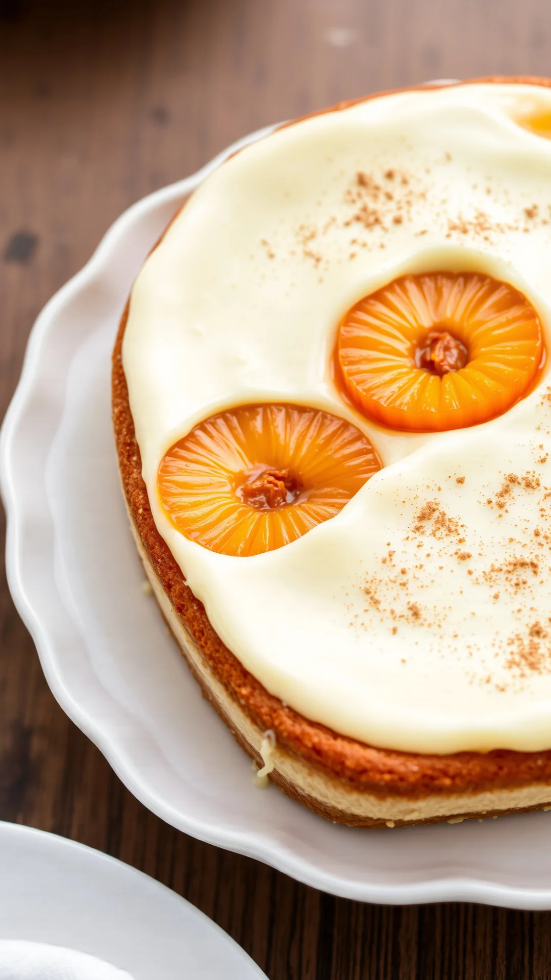 Portrait close-up of apricot vanilla cream sheet cake on shortcrust pastry, silky custard layer with apricot halves, light du