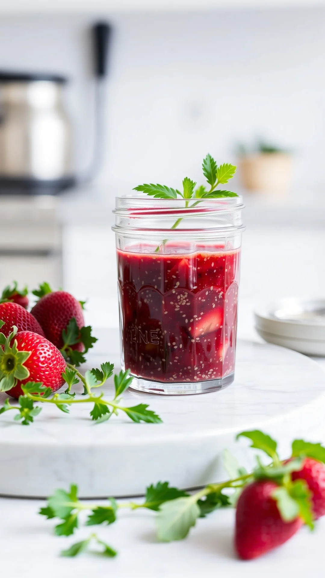 portrait close-up of no-cook chia strawberry rhubarb elderflower jam in glass jar, healthy vegan spread, chia seeds visible,