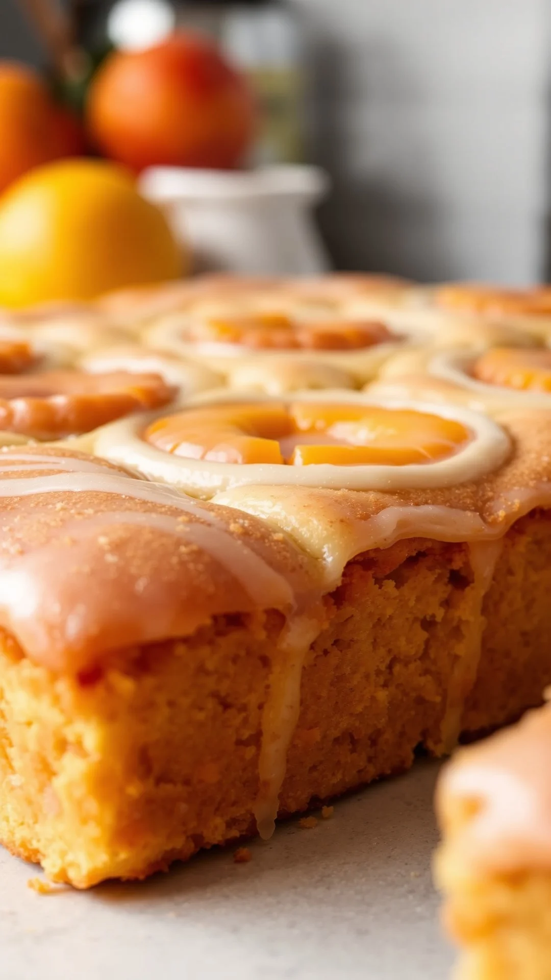 Portrait close-up of yeast dough apricot sheet cake, pillowy soft base with apricot quarters on top, cinnamon sugar glaze, go