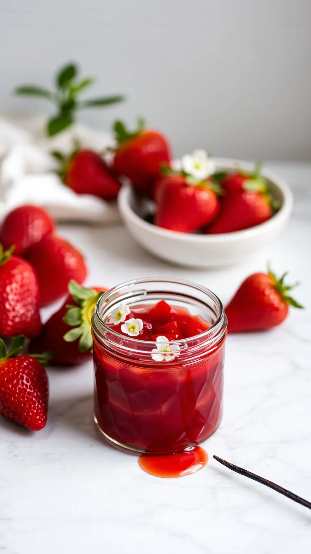 portrait food photo of fresh strawberry jam with elderflower blossoms and vanilla bean on marble surface, creamy texture, war