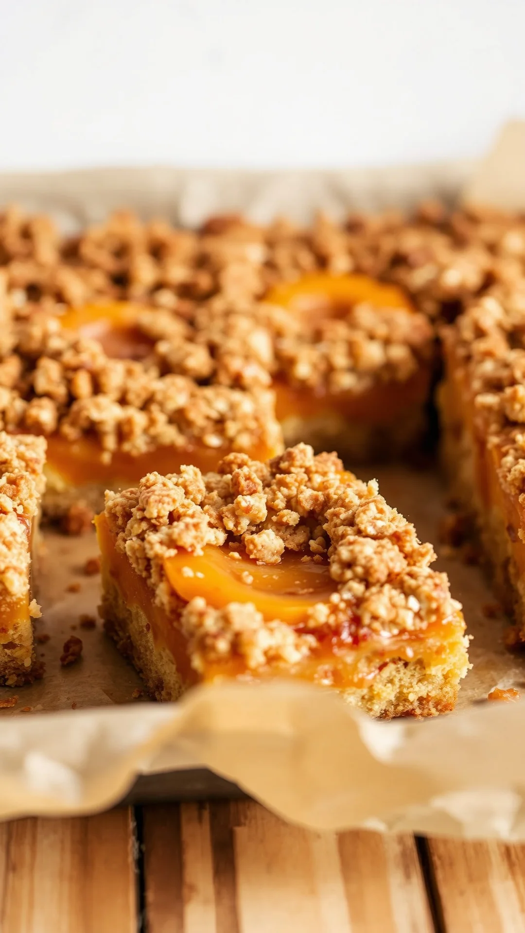 Portrait shot of apricot crumble sheet cake, golden buttery streusel topping over juicy apricots, close-up texture detail, ru