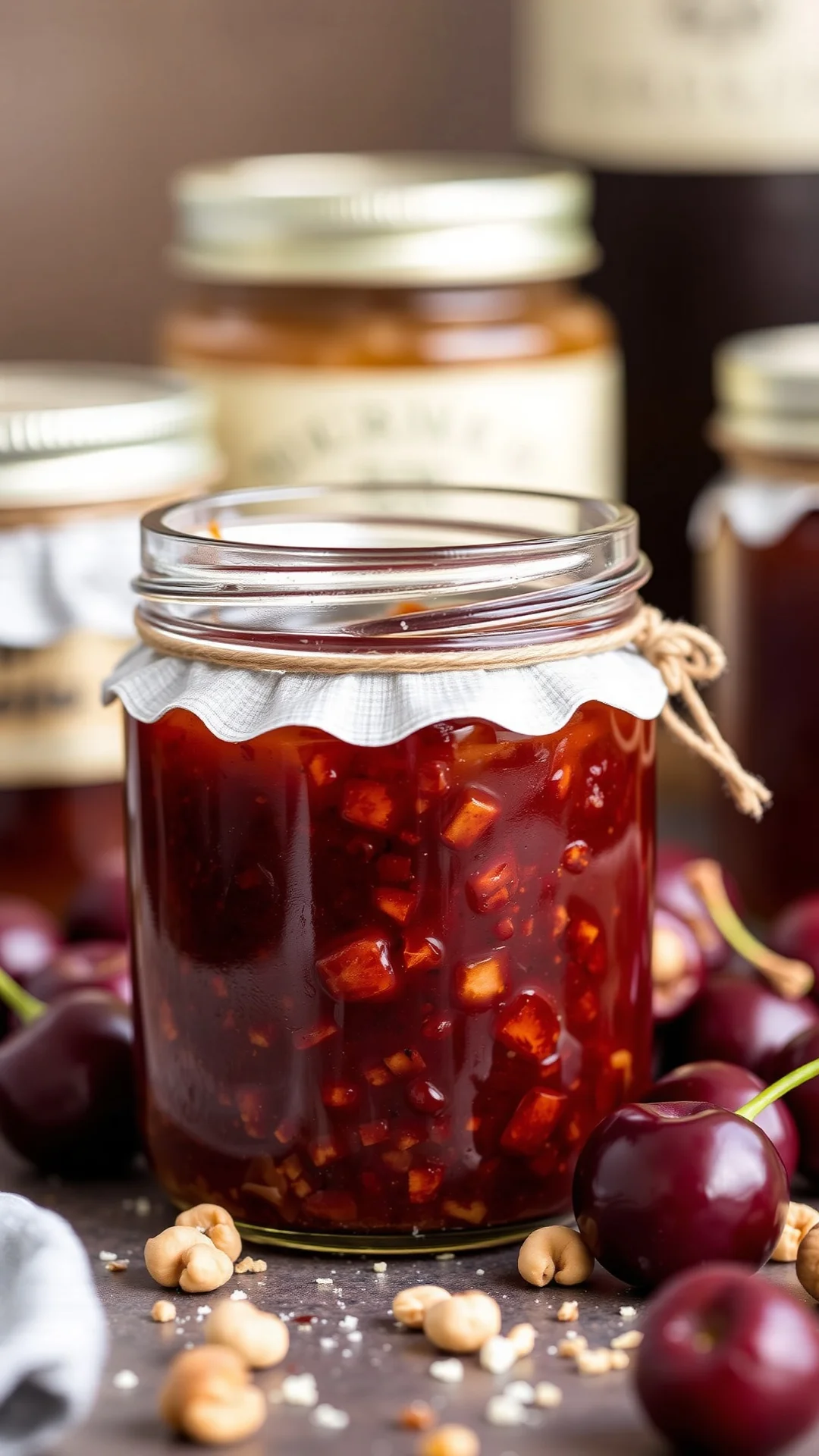 Premium whiskey cherry jam with crushed hazelnuts, luxury preserve, golden brown tones, gourmet jarred presentation, 9:16 foo