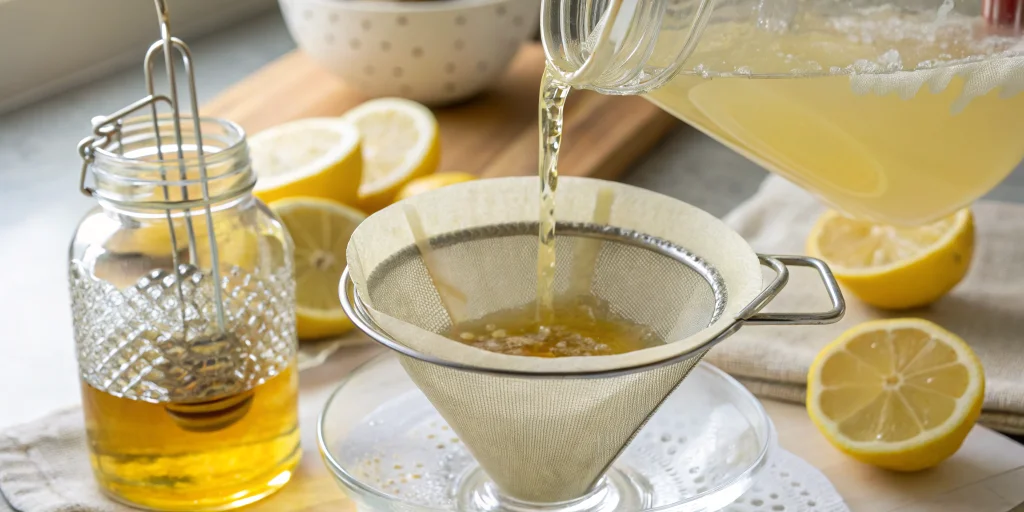 Process shot of filtering homemade limoncello through coffee filter, clear golden liquid being strained, lemon peels visible