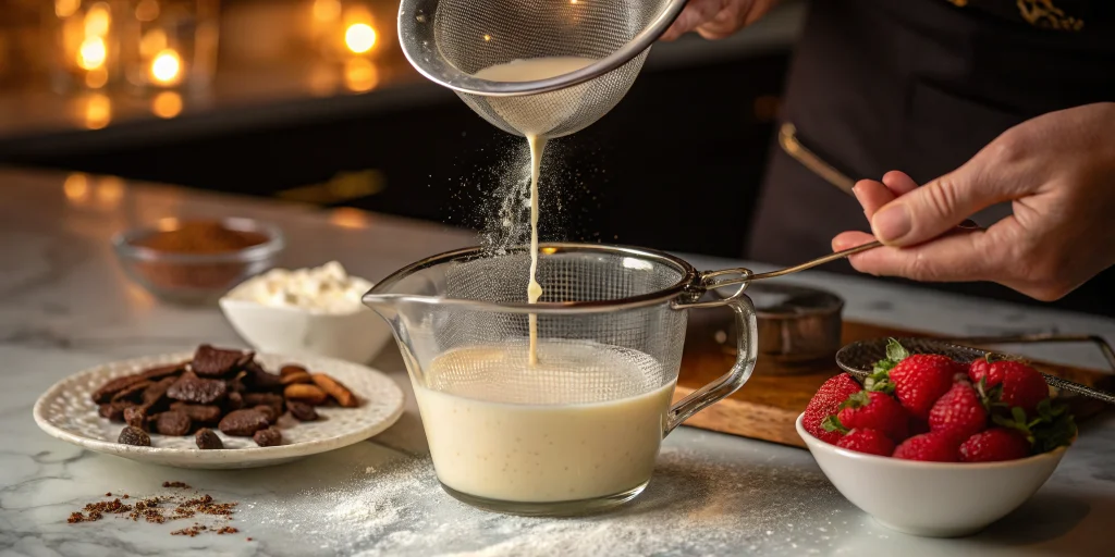 Process shot of making panna cotta, warm cream mixture being poured through fine mesh strainer into glass measuring cup, stea