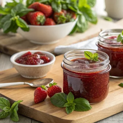 Professional food photography of homemade strawberry jam with basil and mint in glass jars, fresh strawberries and green herb
