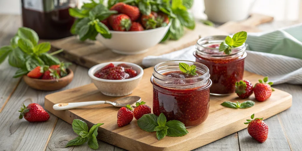 Professional food photography of homemade strawberry jam with basil and mint in glass jars, fresh strawberries and green herb