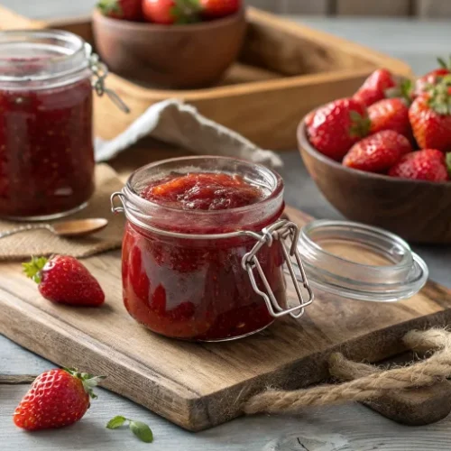 Professional food photography of homemade strawberry jam with agar agar in glass jars, fresh strawberries scattered around, n