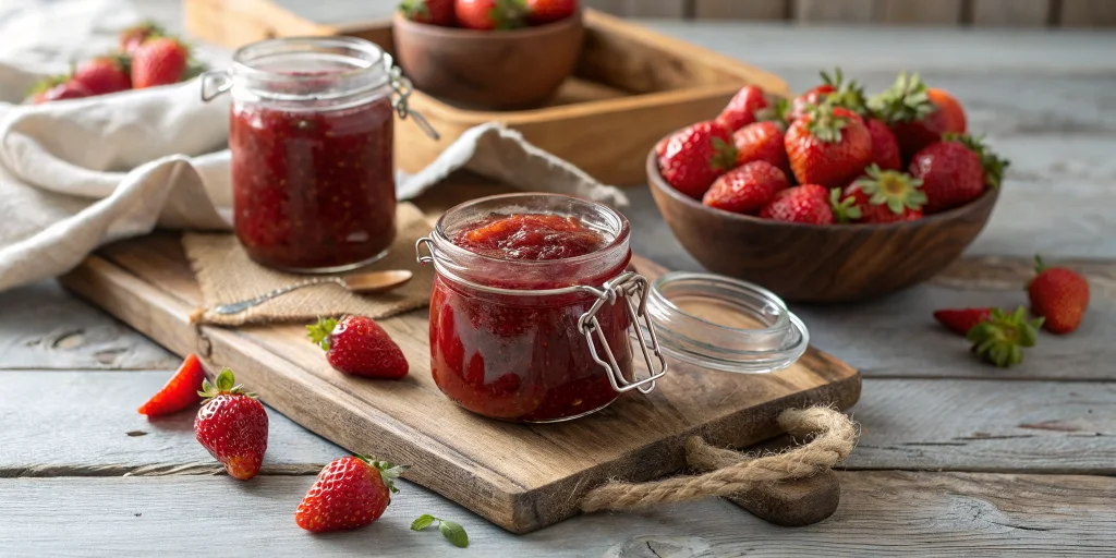 Professional food photography of homemade strawberry jam with agar agar in glass jars, fresh strawberries scattered around, n