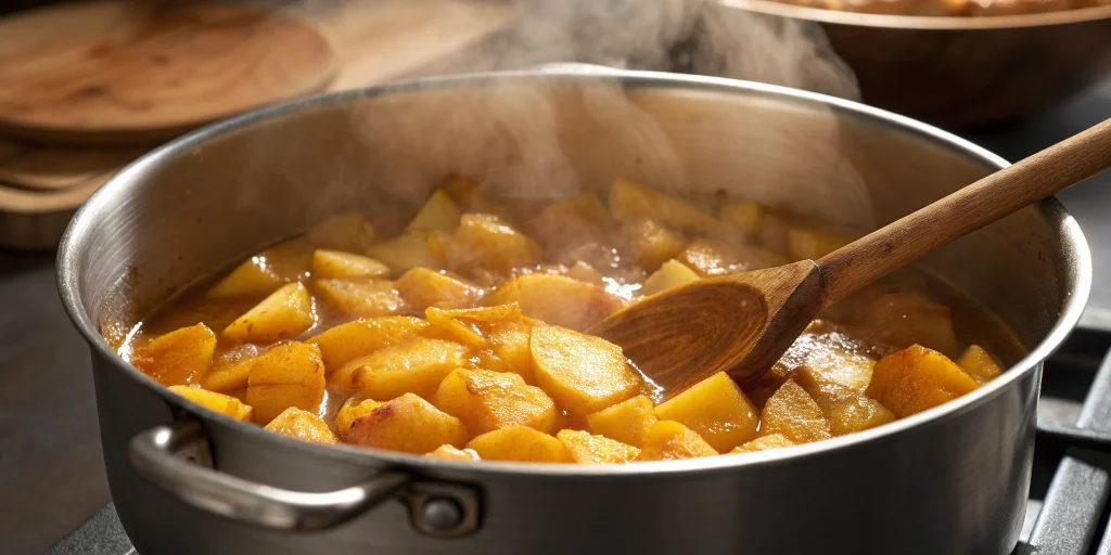 Quince pieces cooking in heavy pot with steam rising, wooden spoon stirring, golden bubbling jam, close-up cooking process, w