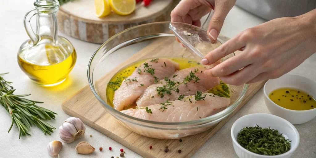 Raw chicken breast fillets being marinated in a glass bowl with olive oil, garlic, and herbs, hands massaging the marinade in