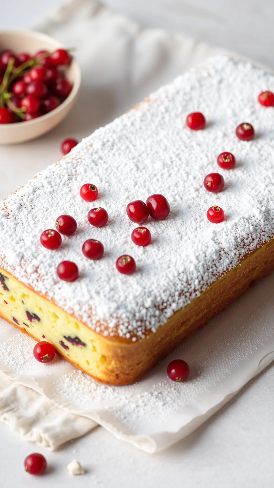 Rectangular yogurt cake dusted with powdered sugar, fresh red currants scattered on top, linen cloth background, natural ligh