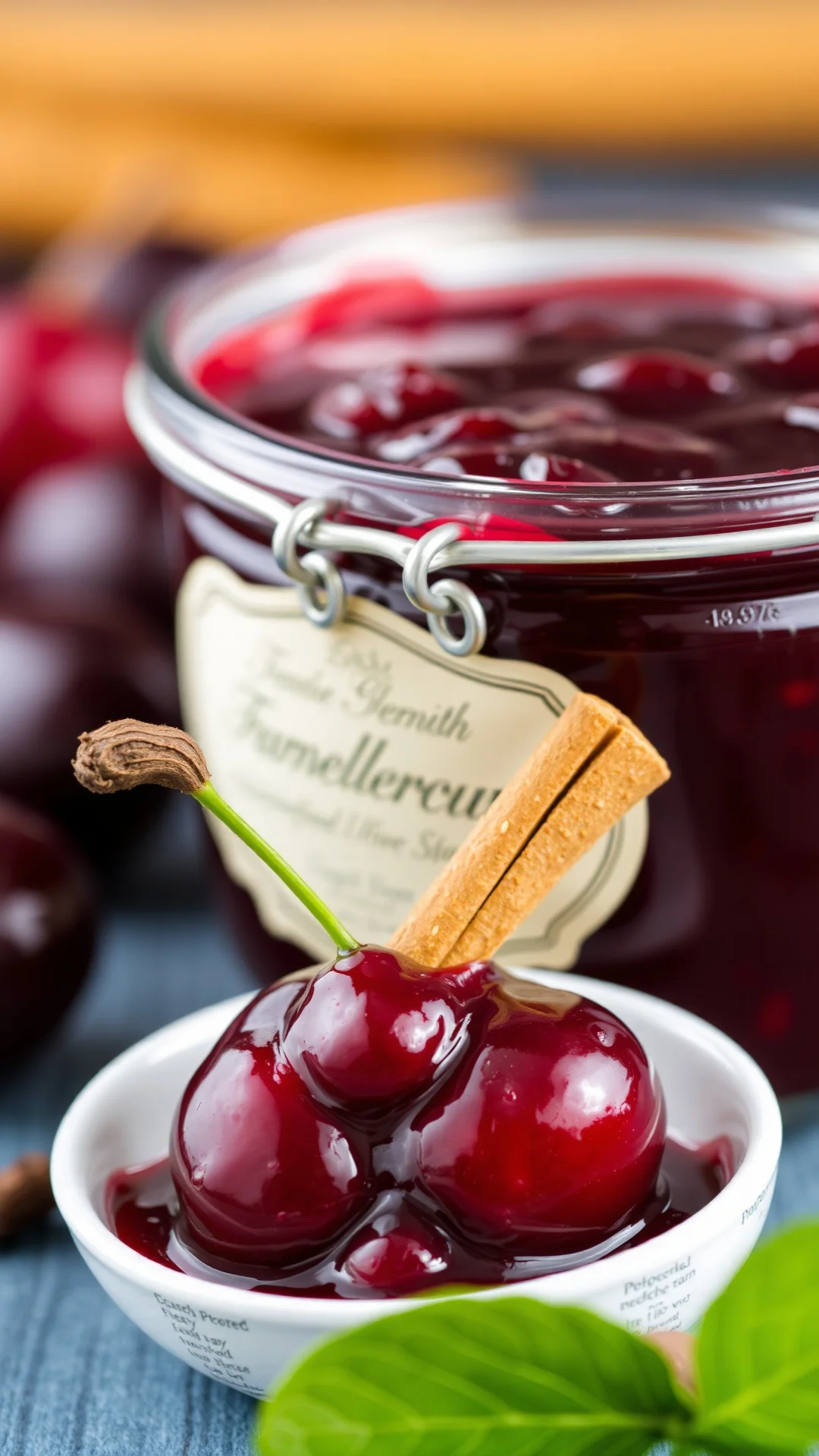 Red wine cherry marmalade with whole cloves and cinnamon stick, deep burgundy color, elegant spiced jam, traditional artisana