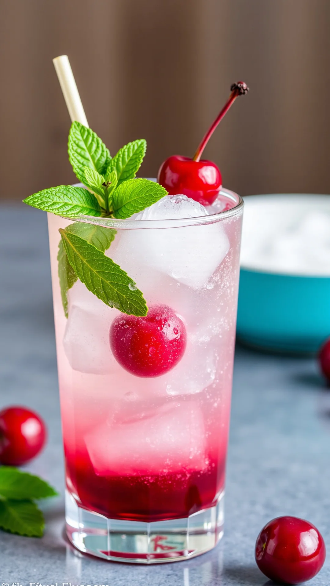 Refreshing cherry cocktail with mint leaves, frozen cherries, rum drink, condensation on glass, tropical summer beverage