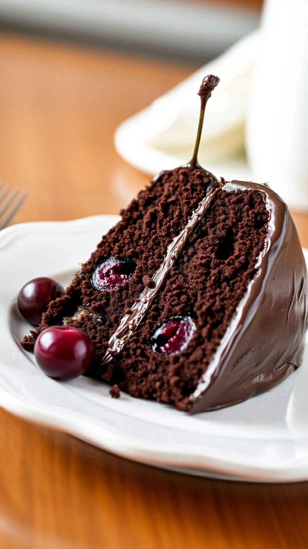 Rich chocolate cherry cake slice, fudgy texture, whole cherries embedded, dark chocolate frosting, elegant plating, fine dini