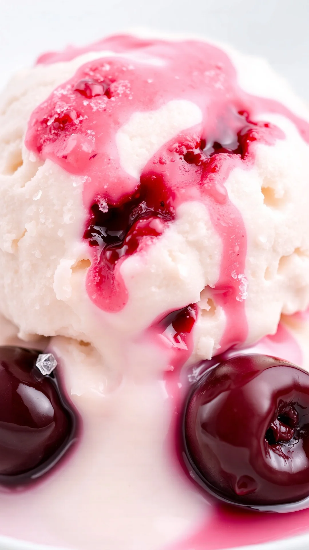Scoop of cherry vanilla ice cream with frozen cherries, melting texture, cold fresh dessert, professional food photography