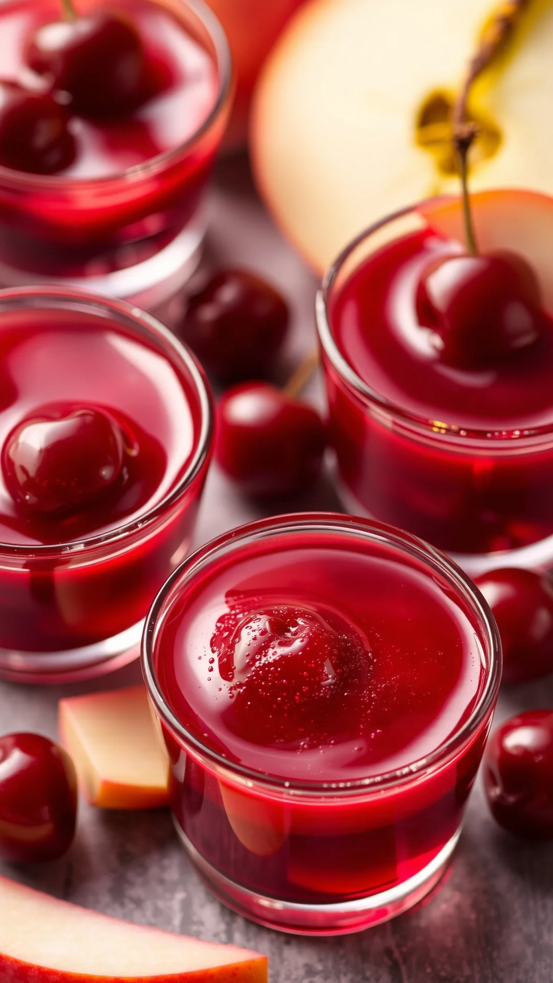 Shimmering cherry apple jelly in small glasses, glossy jewel-toned red surface, sparkling gelatin texture, scattered apple sl
