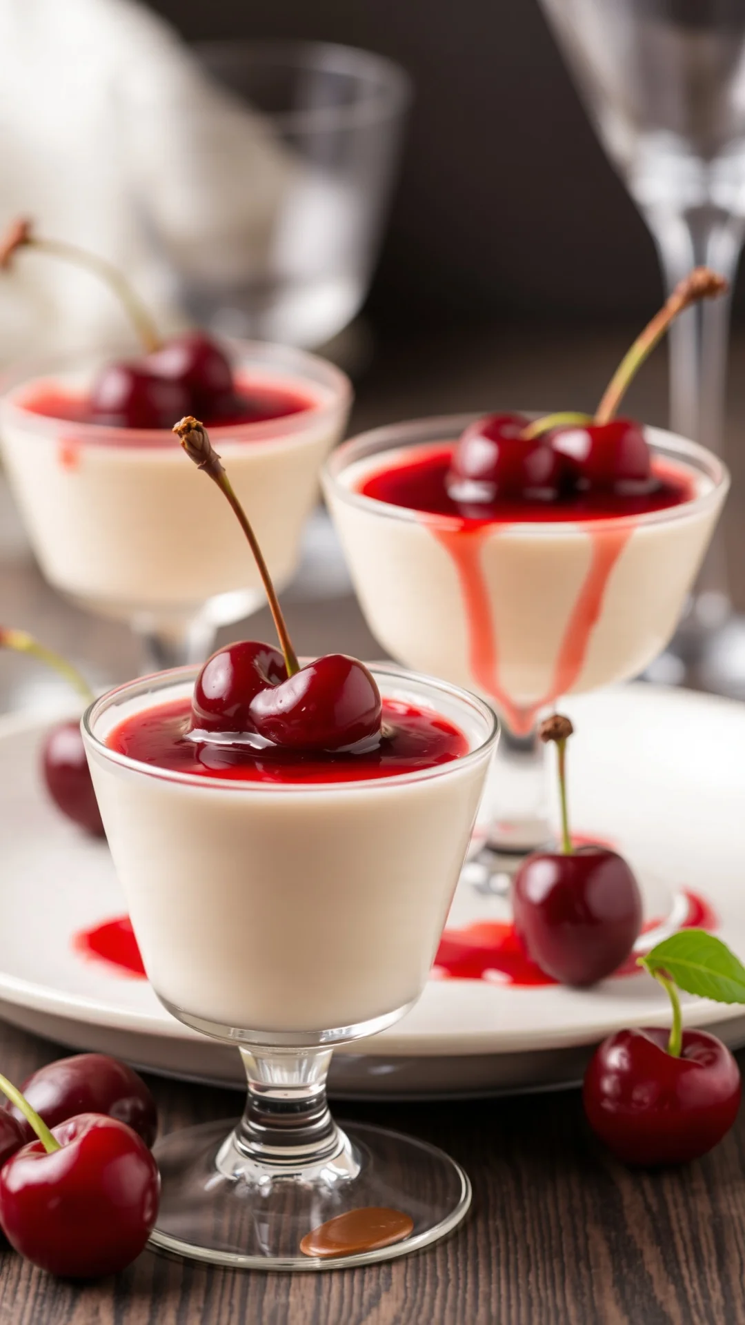 Silky cherry panna cotta dessert in glass, smooth pale cream layer with jewel-like cherry topping, elegant presentation with