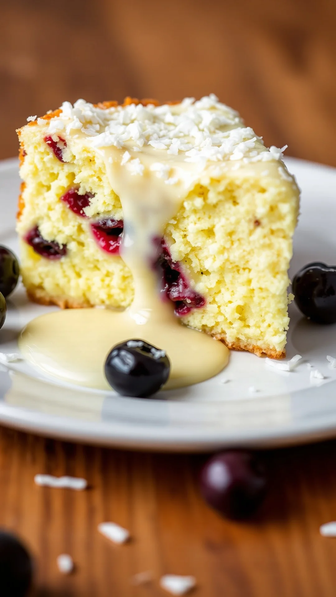 Slice of coconut currant pudding cake with vanilla sauce dripping down, coconut shavings and berries visible, close-up food p