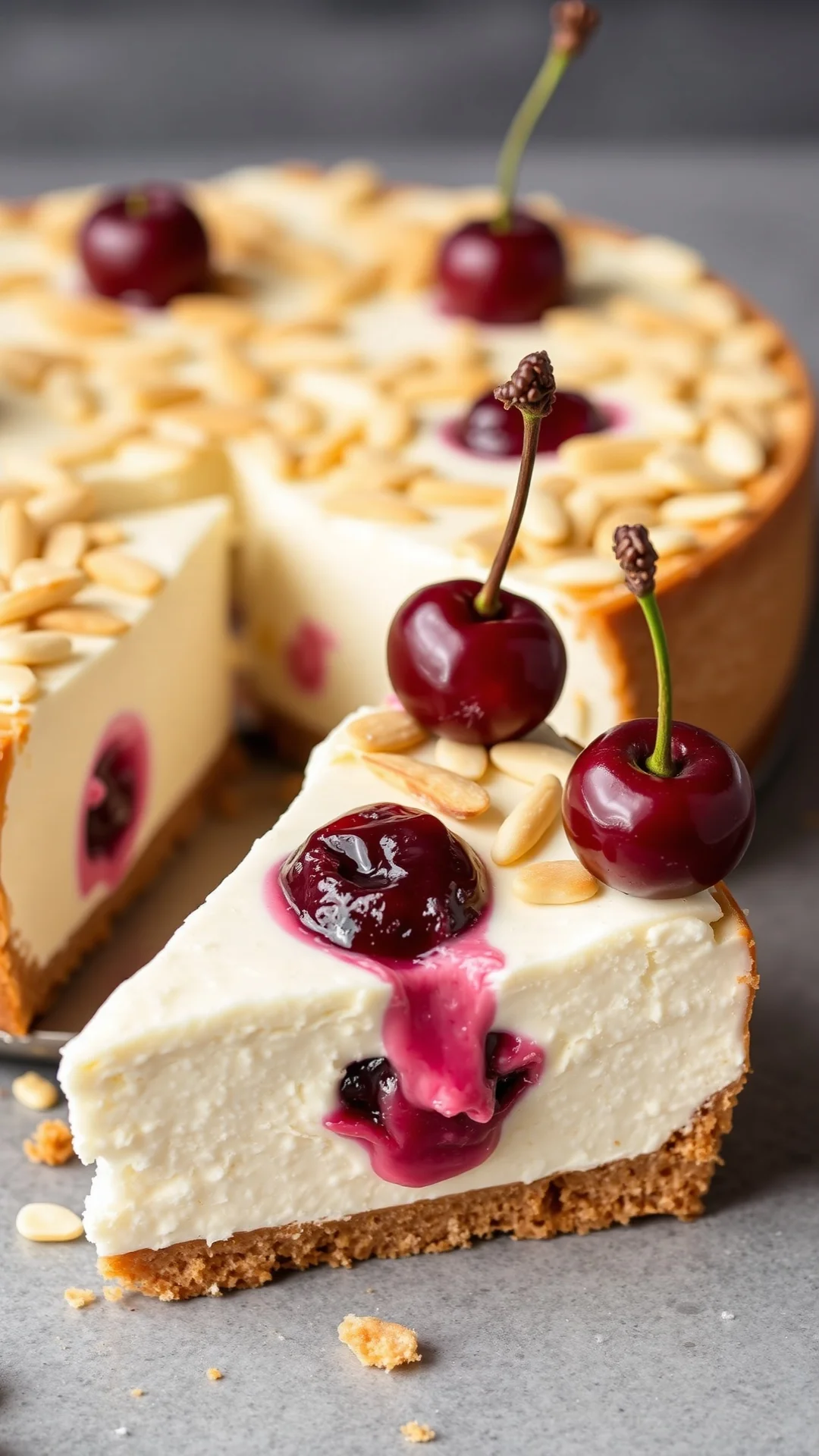 Sliced cherry cheesecake with almond topping, creamy mascarpone filling, frozen cherries visible, bakery style presentation