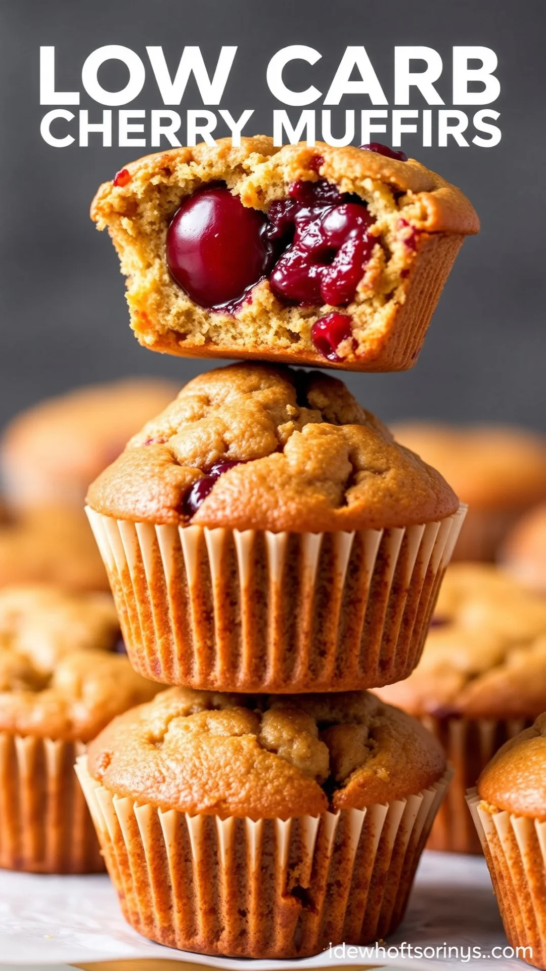 Stack of low-carb cherry muffins with almond flour, fresh cherries inside, golden-brown muffin tops, baking aesthetic