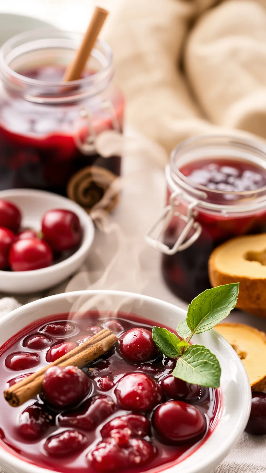 Steaming bowl of cherry compote with cinnamon, served warm, glass jar of preserve, cozy breakfast setting