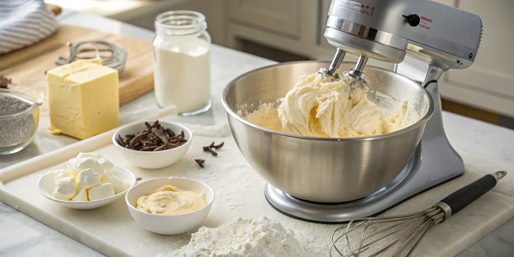 Step-by-step baking process showing buttercream being mixed in a stand mixer bowl, with ingredients like butter, powdered sug