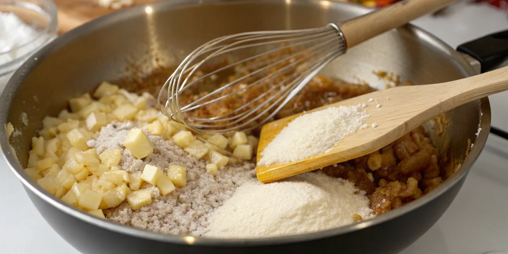 Step-by-step cooking process of making brown roux in heavy pan, butter melting with diced onions turning golden brown, flour