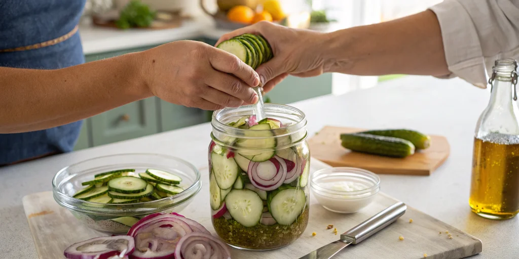 Step-by-step cooking process photo showing hands shaking a glass jar filled with sliced cucumbers, onions and pickling liquid