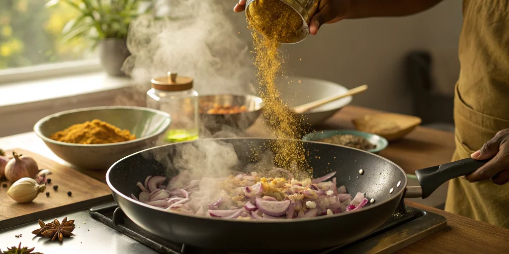 Step-by-step cooking process showing aromatic spices being toasted in a large pan with onions, steam rising, golden curry pow