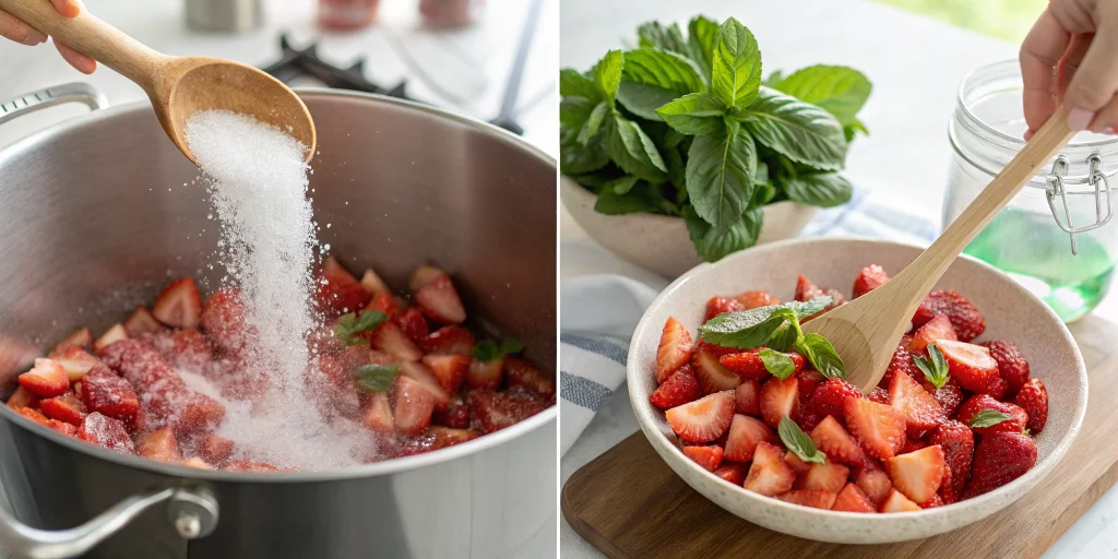 Step-by-step cooking process showing chopped fresh strawberries mixed with sugar in a large pot, fresh basil and mint leaves