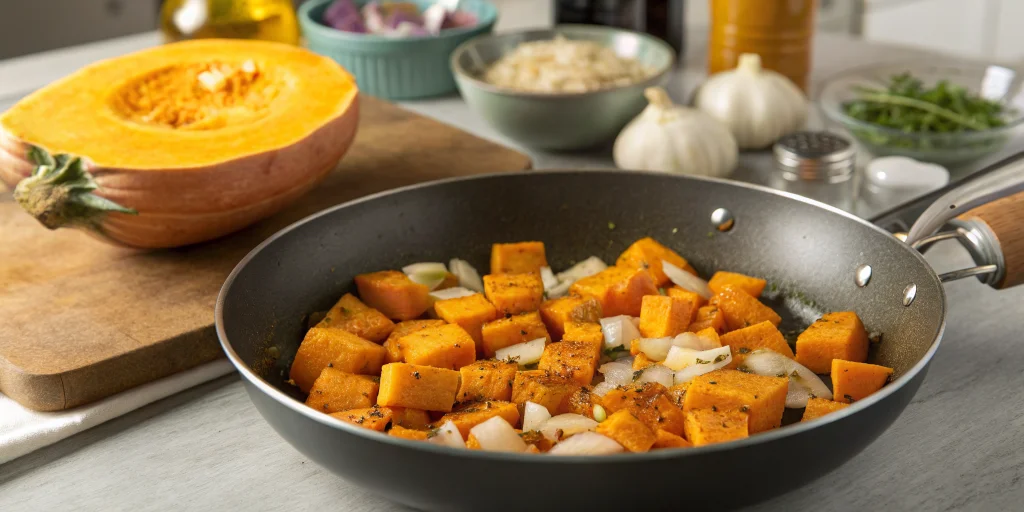 Step by step cooking process showing cubed Hokkaido pumpkin being sautéed in a large pan with onions and garlic, golden brow