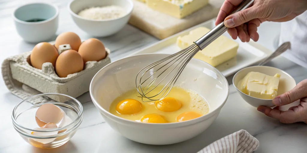 Step-by-step cooking process showing hollandaise sauce being whisked in a bowl over steaming water bath, golden egg yolks bei