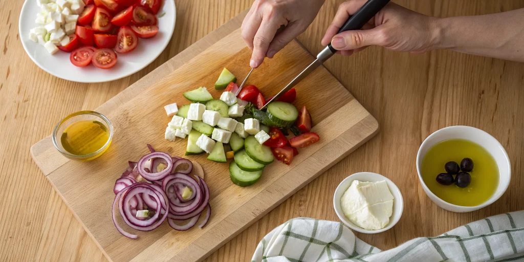 Step-by-step food preparation scene showing hands cutting fresh vegetables for Greek salad - diced tomatoes, sliced cucumbers