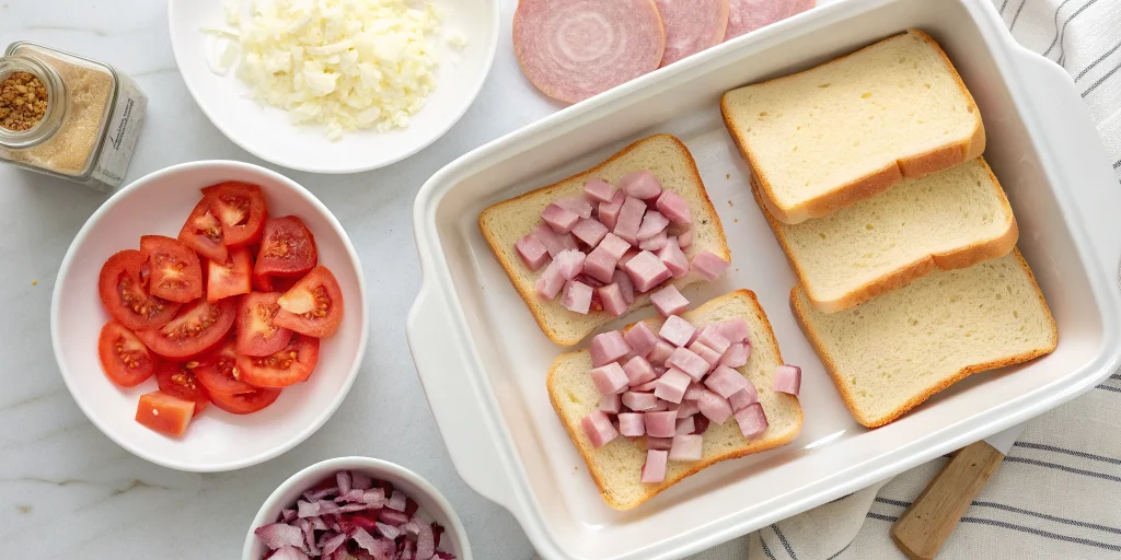 Step-by-step food preparation showing toast bread slices being layered with diced onions, ham pieces and tomato slices in a w
