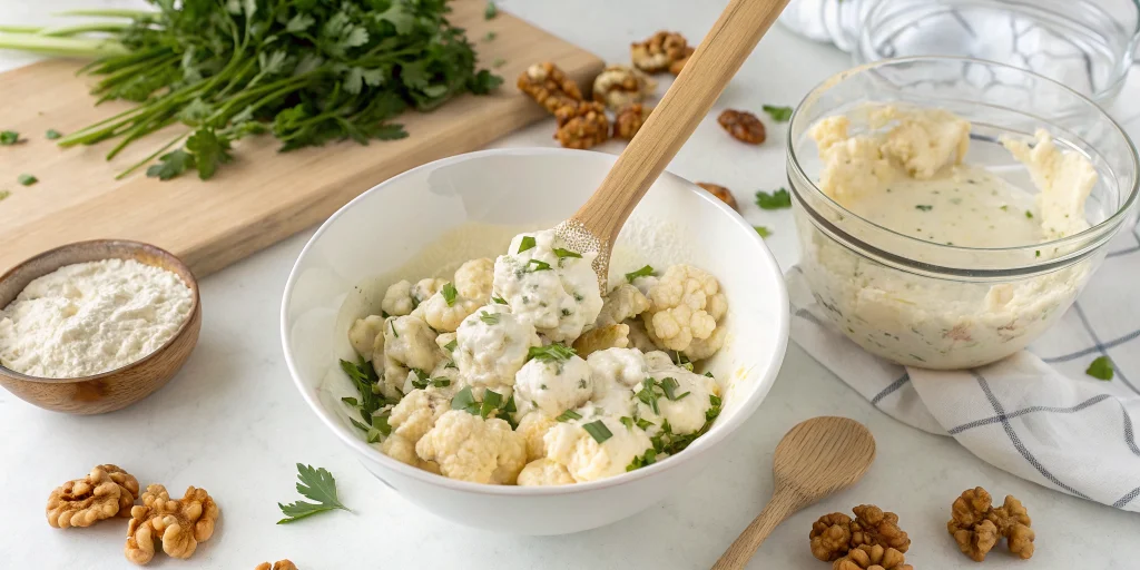 Step-by-step preparation of cauliflower salad, mixing bowl with creamy dressing and cauliflower florets being combined, woode