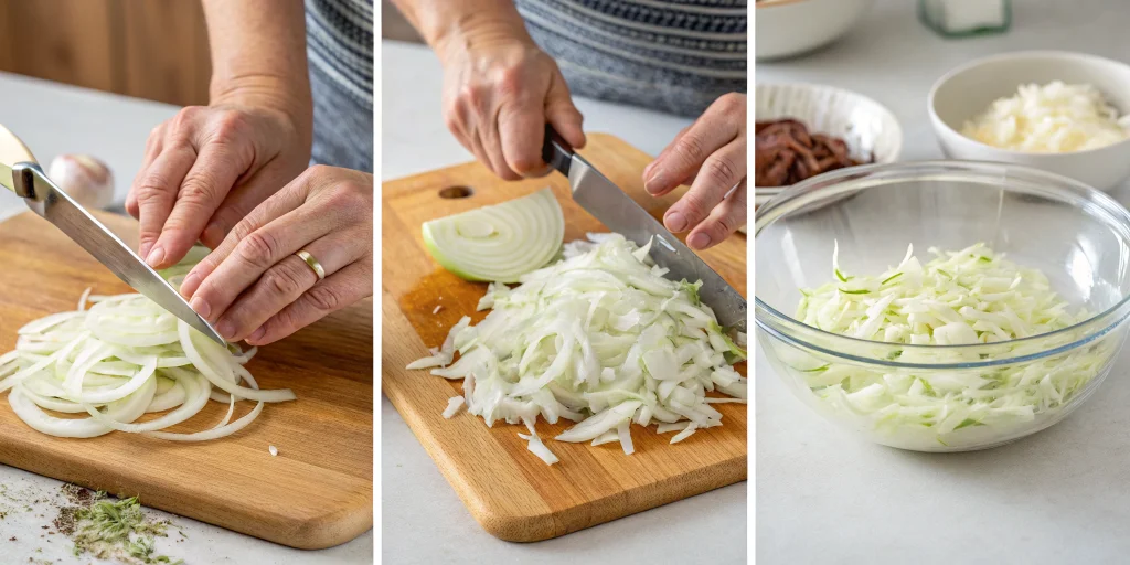 Step-by-step preparation of German white cabbage salad, showing hands cutting onions into thin rings on a wooden cutting boar